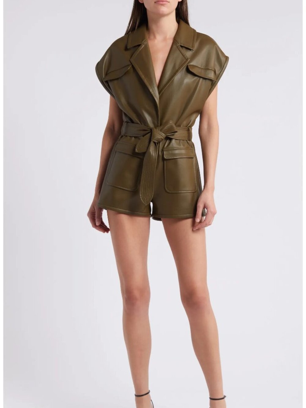 Saylor Ilse Faux Leather Romper in Olive